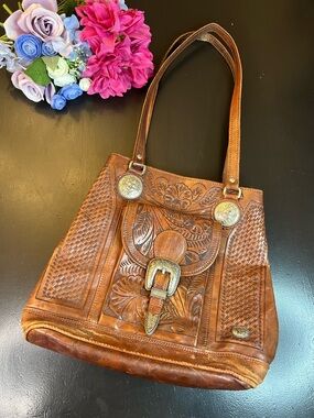 American West Vintage Brown Leather Hand-tooled Floral Western Shoulder Handbag